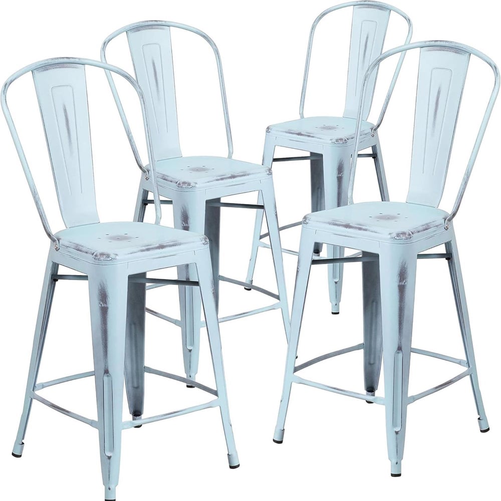 FWStyle Antique Pastel Blue Steel Bar Stools Set of 4 Image 2