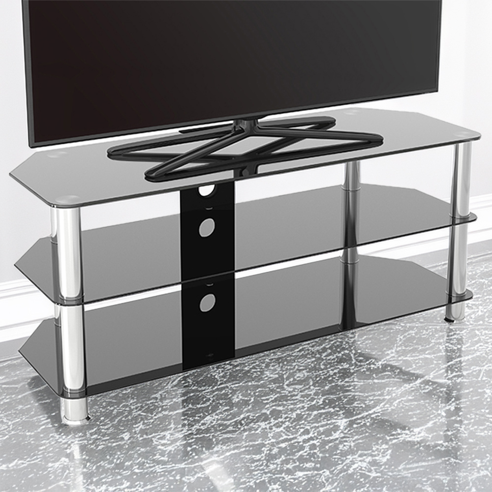 AVF Classic 3 Shelf Black Glass and Chrome Corner TV Stand Image 1