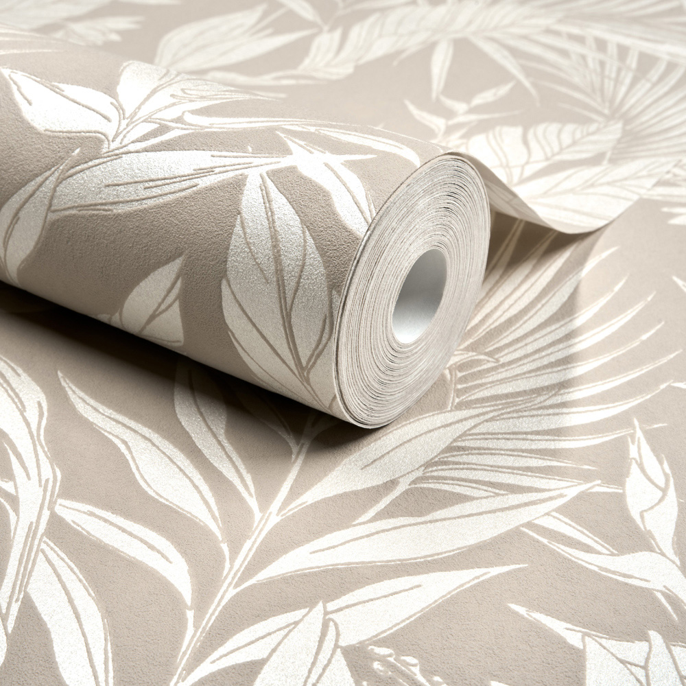 Grandeco Glistening Lucia Tropical Foliage Beige Vinyl Wallpaper Image 2