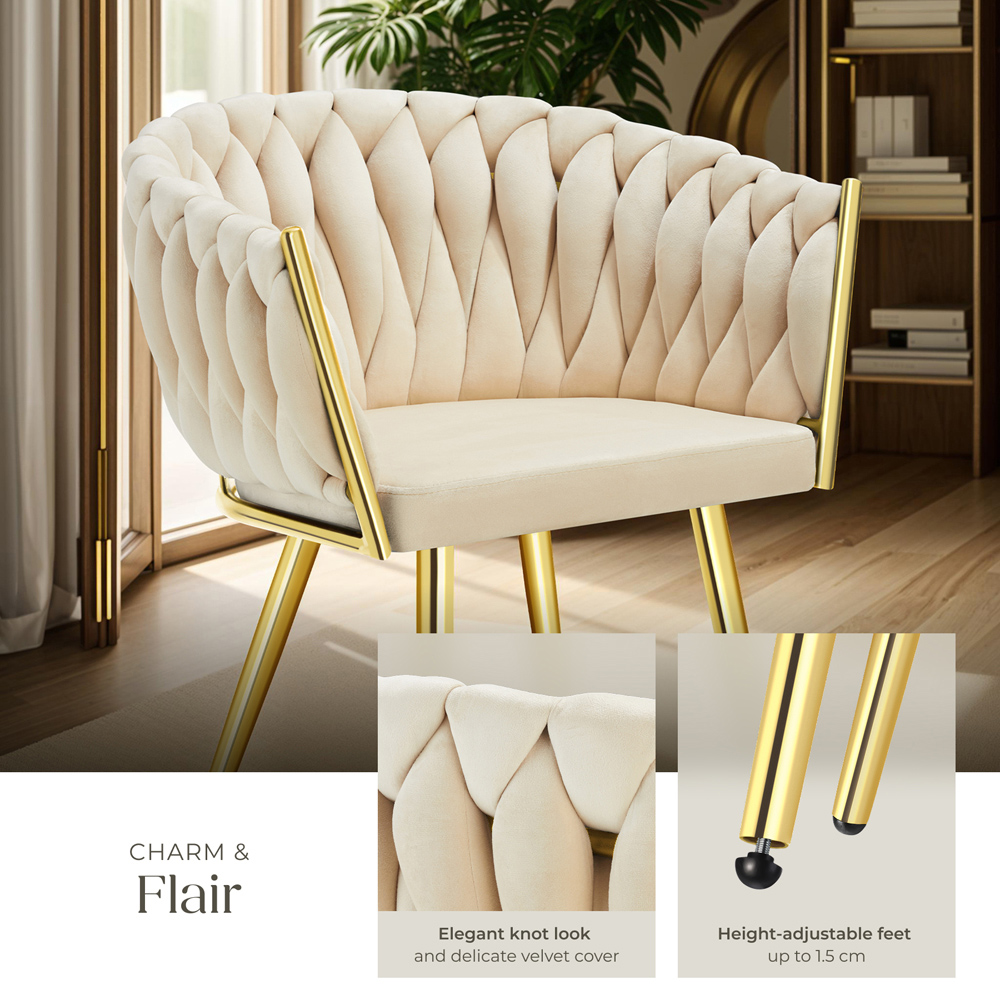 tectake Astano Set of 2 Sand and Gold Velvet Padded Knot Design Dining Chair Image 4
