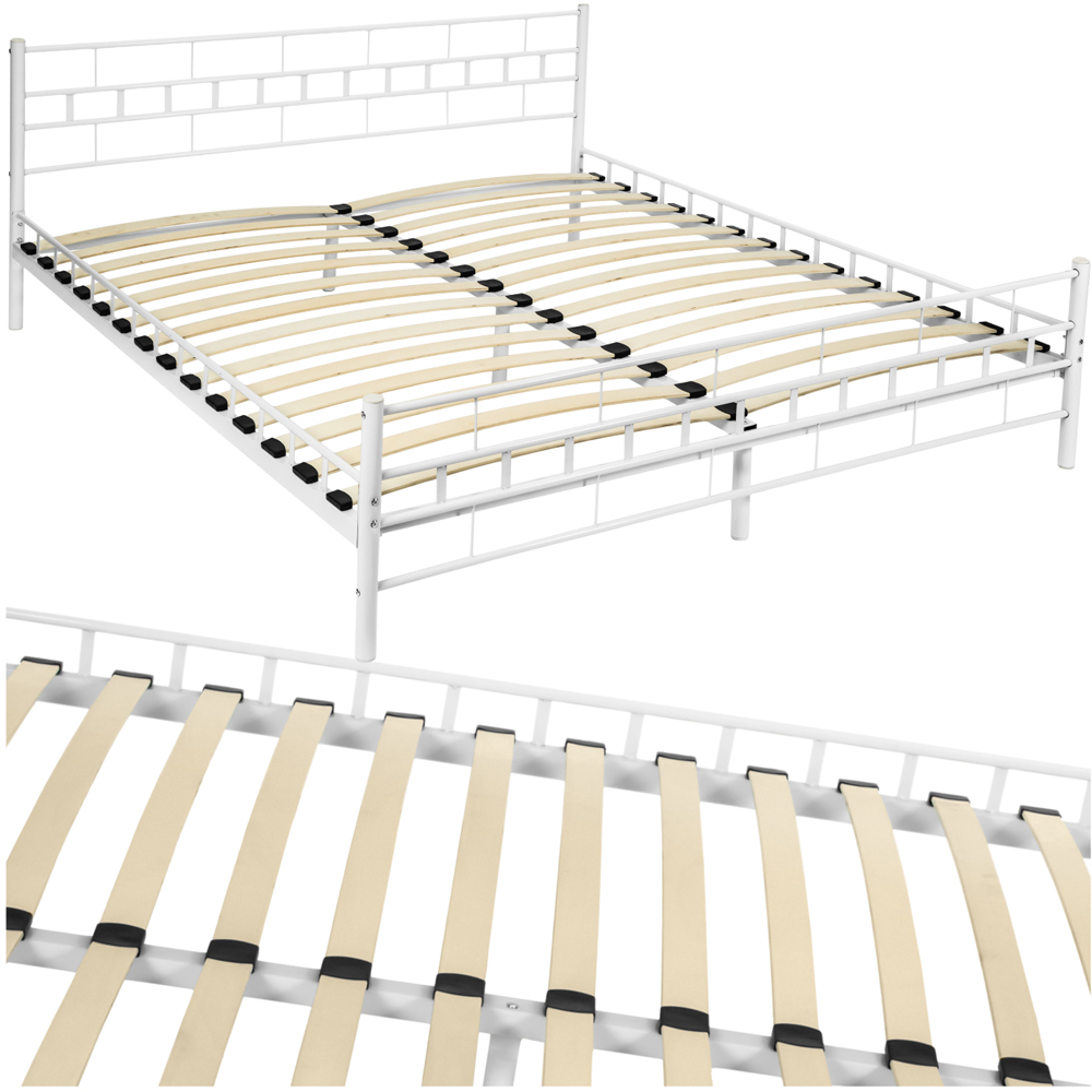tectake King Size White Metal Bed Frame with Slatted Base Image 2