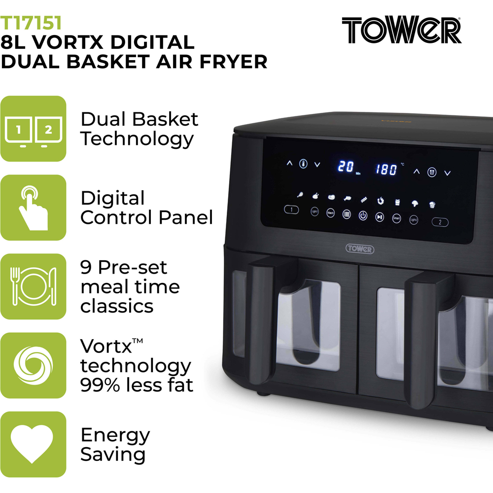 Tower Vortx Vizion T17151 Black Dual Basket Digital Air Fryer 8L Image 2