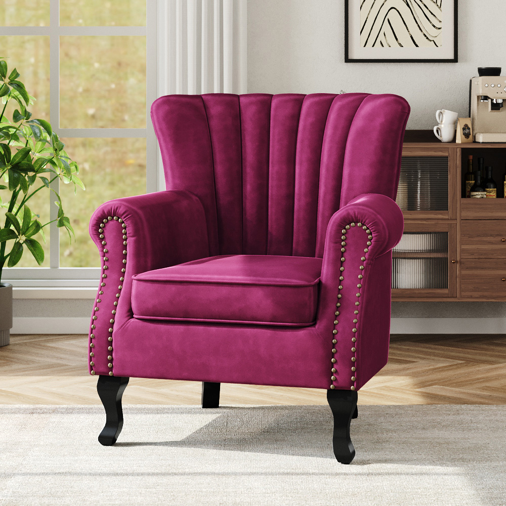 Living and Home Vintage Wine Red Velvet Wingback Armchair with Studs Image 7