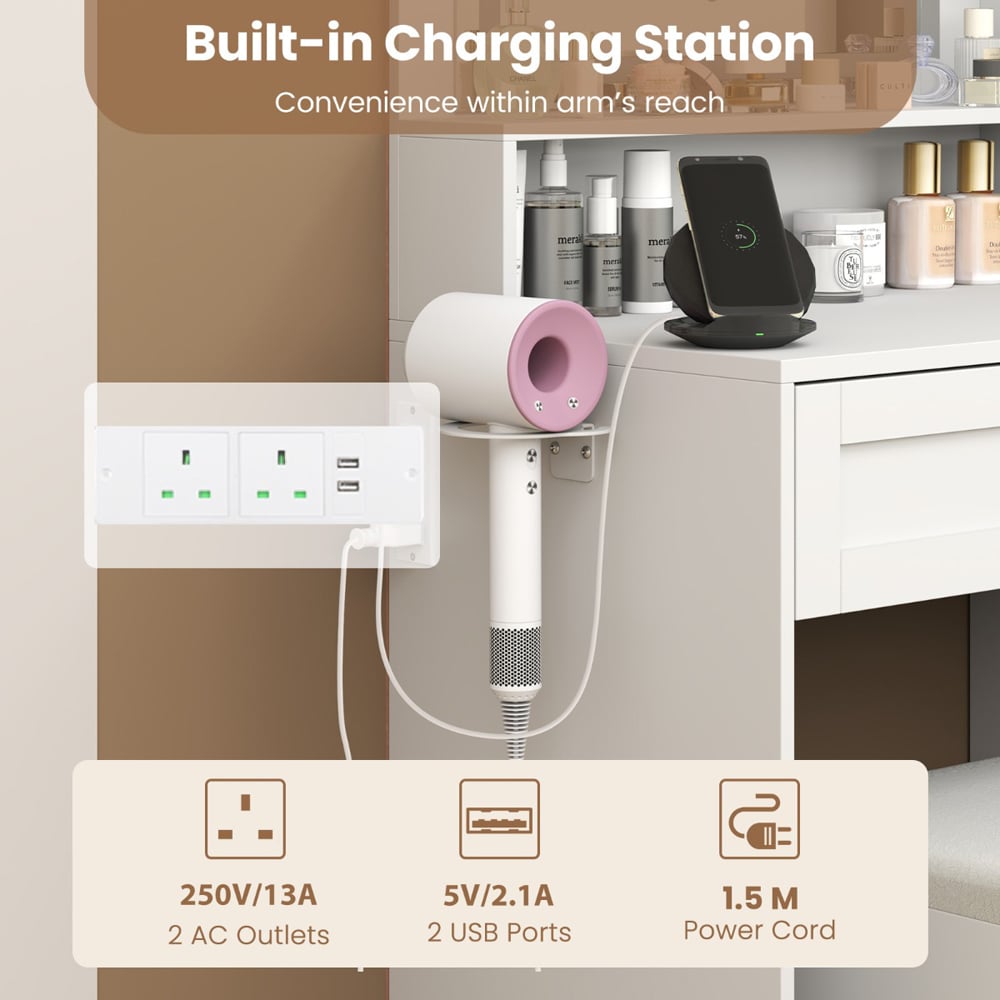 Costway Farmhouse White Dressing Table and Stool Set with Charging Station and LED Mirror Image 8