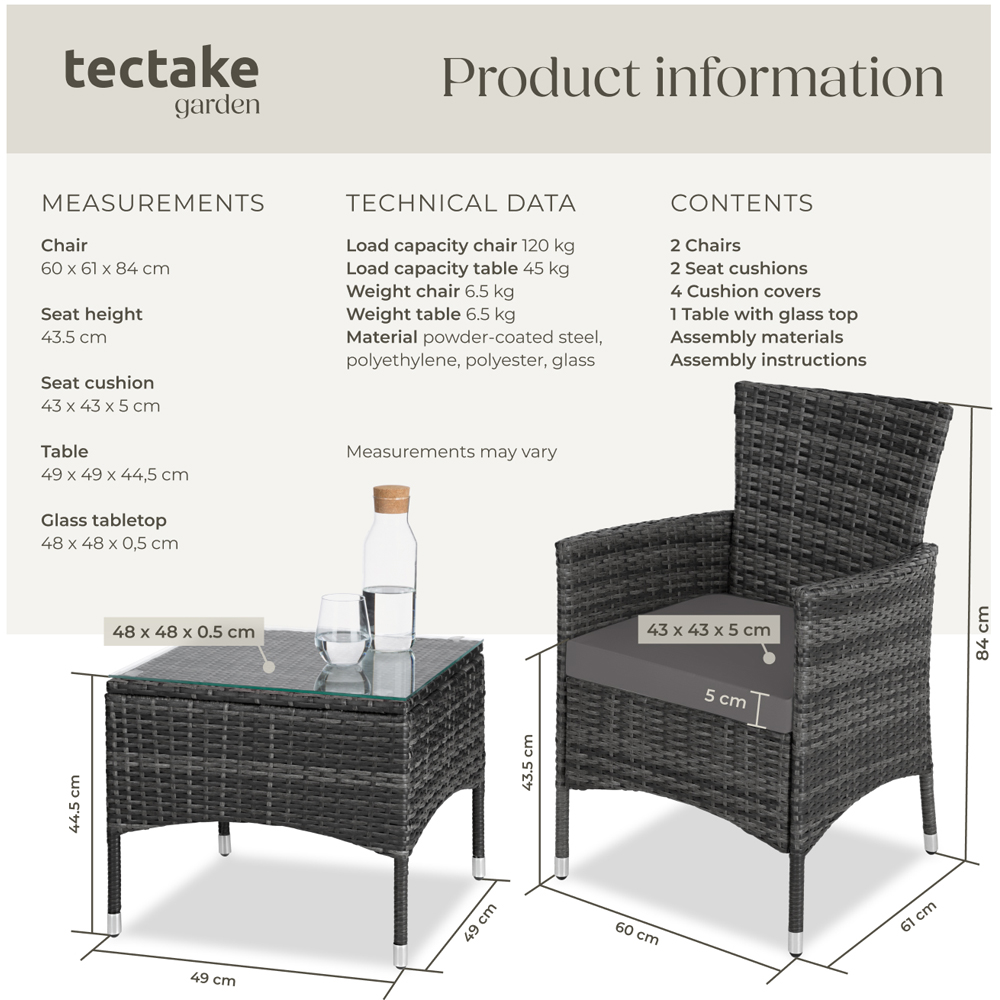 tectake Lucerne 2 Seater Grey Garden Bistro Set Image 9
