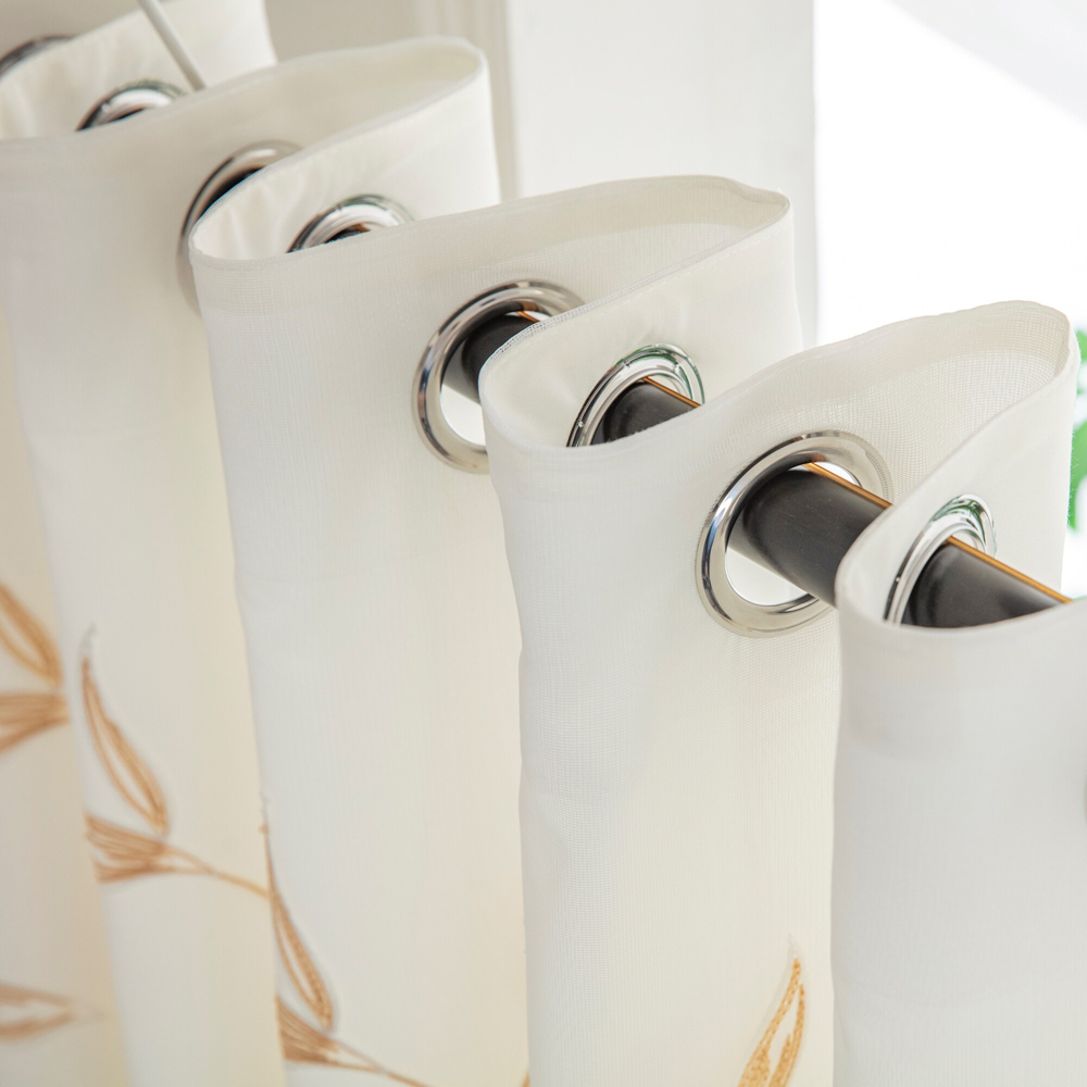 Alan Symonds Leaf Embroidered Gold Ring Top Eyelet Tulle Voile Curtains 147 x 137cm Image 2