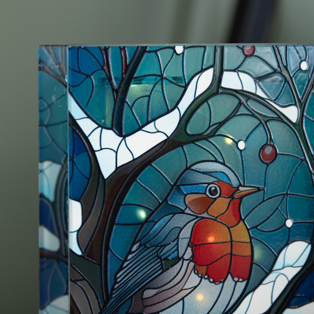 Samuel Alexander 50 Warm White LED Robin Scene Light Up Stained Glass Decoration 21cm Image 3