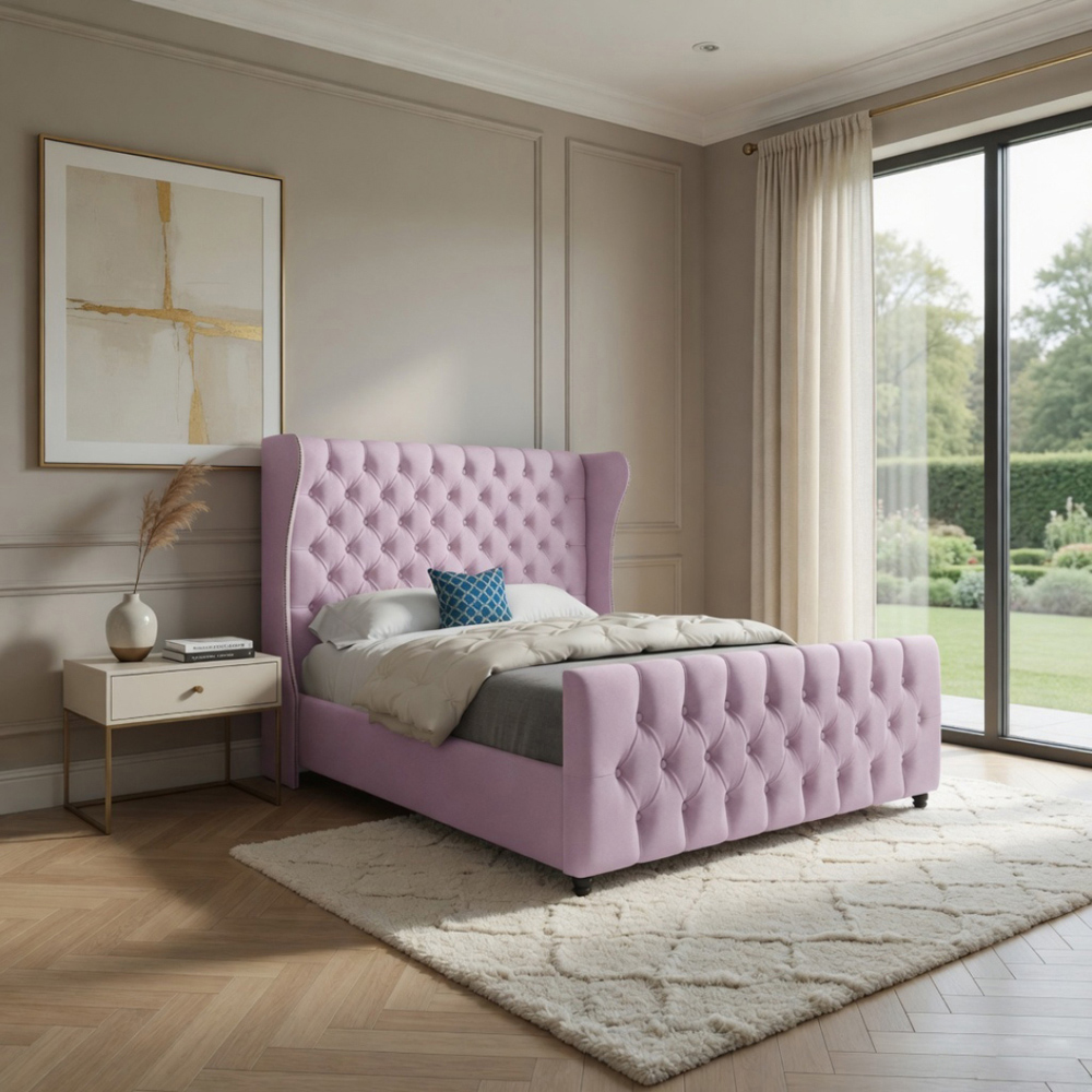 Donati Pink Small Double Velvet Upholstered Bed Frame with Straight Curved Top Headboard Image 5