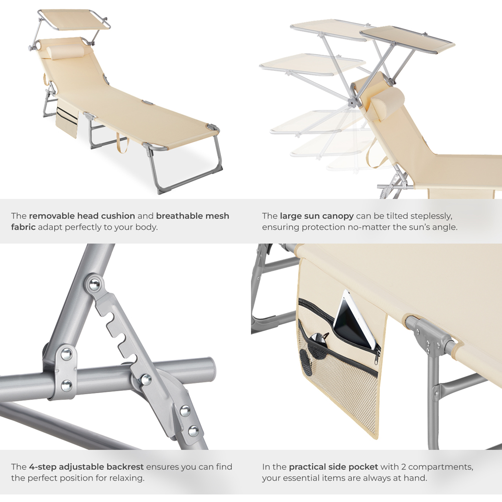 tectake Beige Foldable Sun Lounger with Sun Canopy Image 5