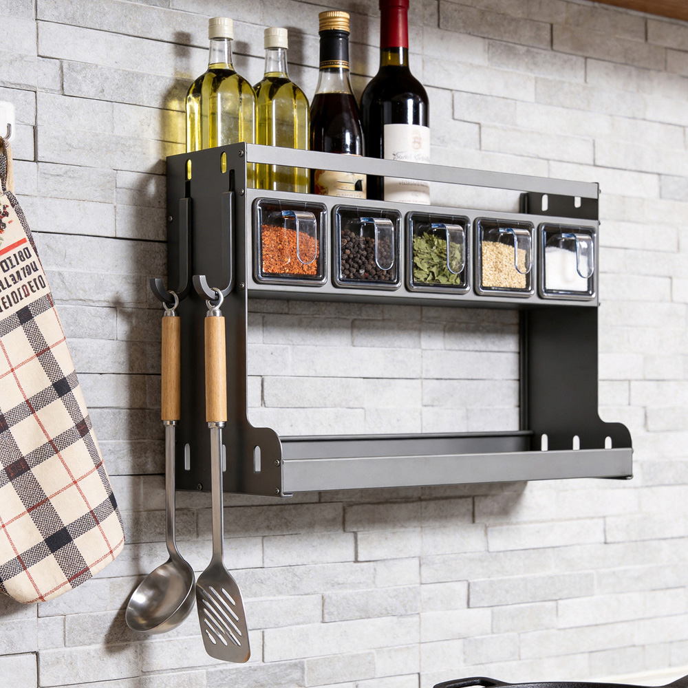 Living and Home 3-Tier Gunmetal Grey Spice Rack with 5 Seasoning Boxes Image 7