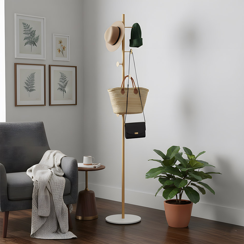 Living and Home Gold Minimalist Coat Stand with 8 Hooks and Marble Base Image 7