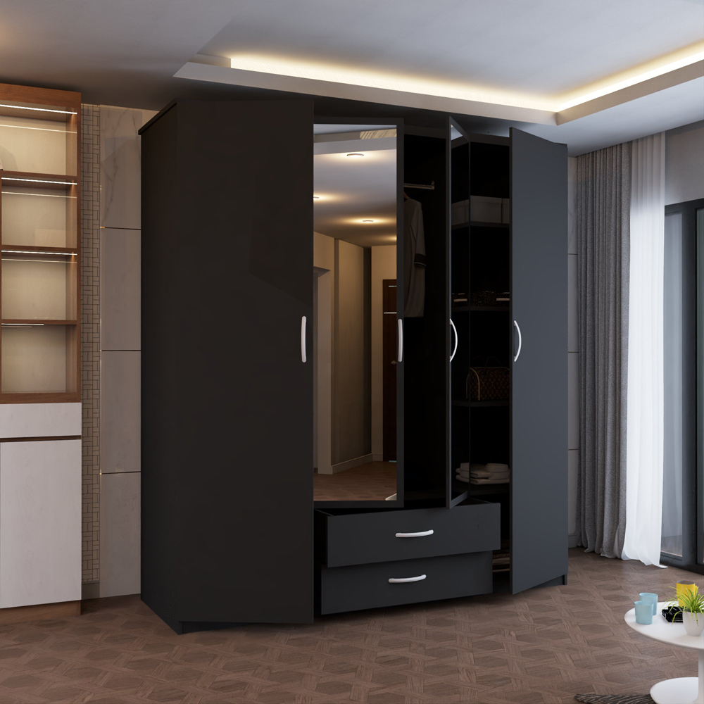Sliding Wardrobes 4U London 4 Door 2 Drawer Black Hinged Central Mirrored Wardrobe 171cm Image 3