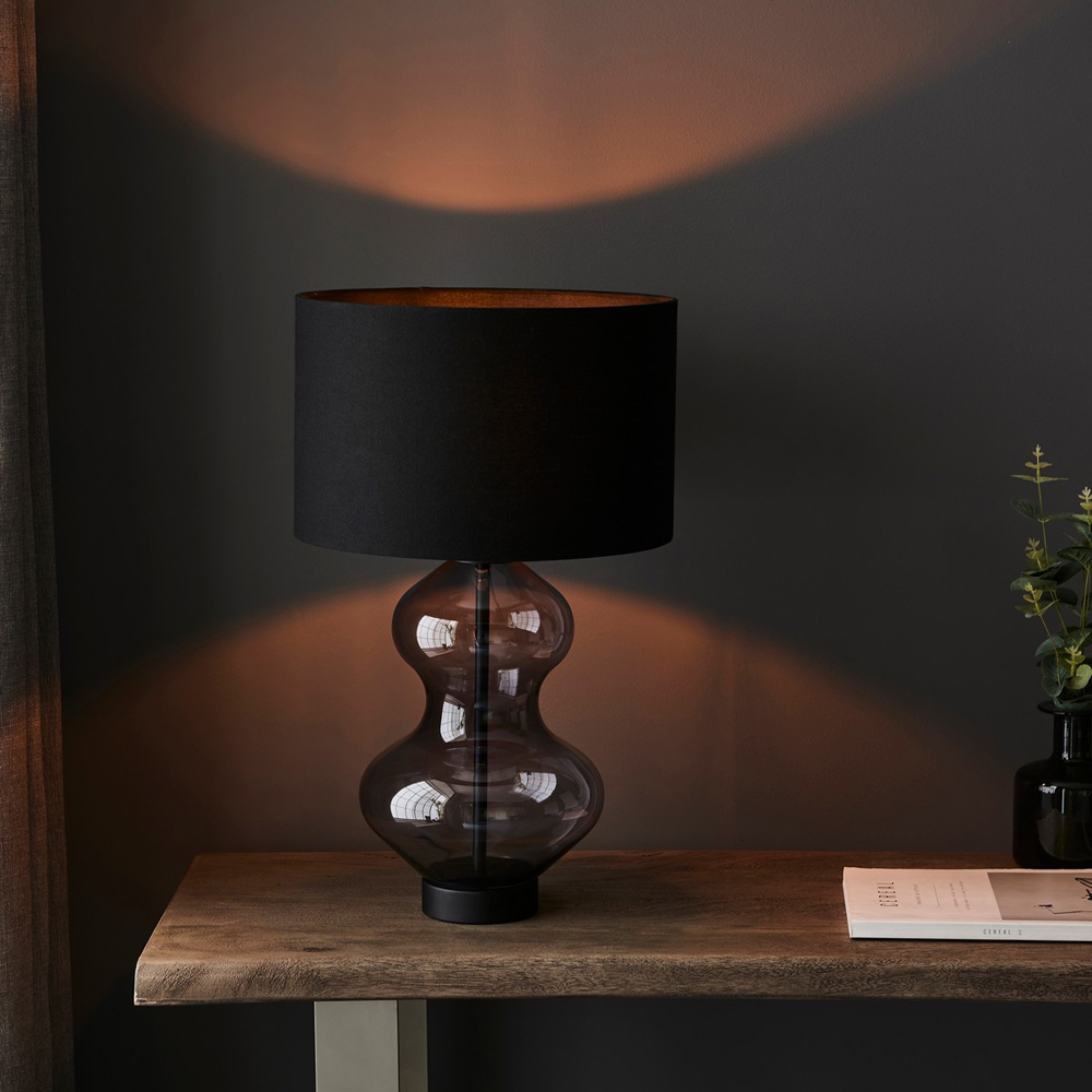 Merano Lecce Matt Black Grey Tinted Glass Black Cotton Fabric Shade Table Lamp Image 6