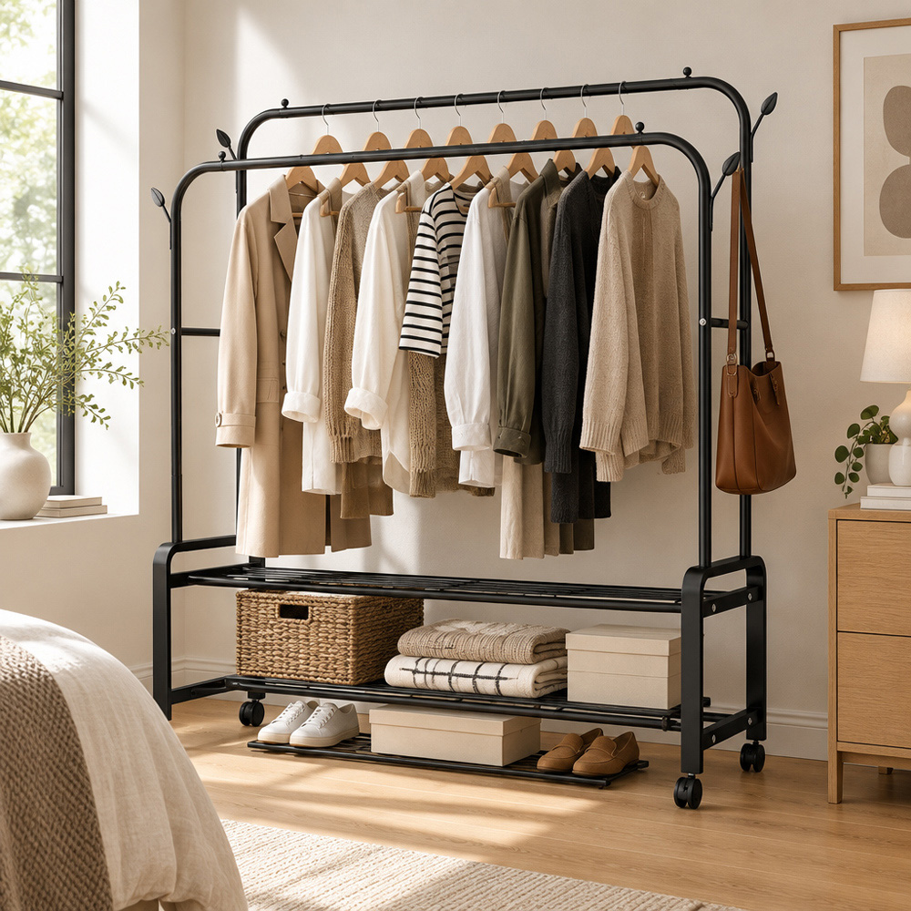 Modcraft 2 Shelf Black Heavy Duty Double Rail Clothes Rack with Wheels Image 2
