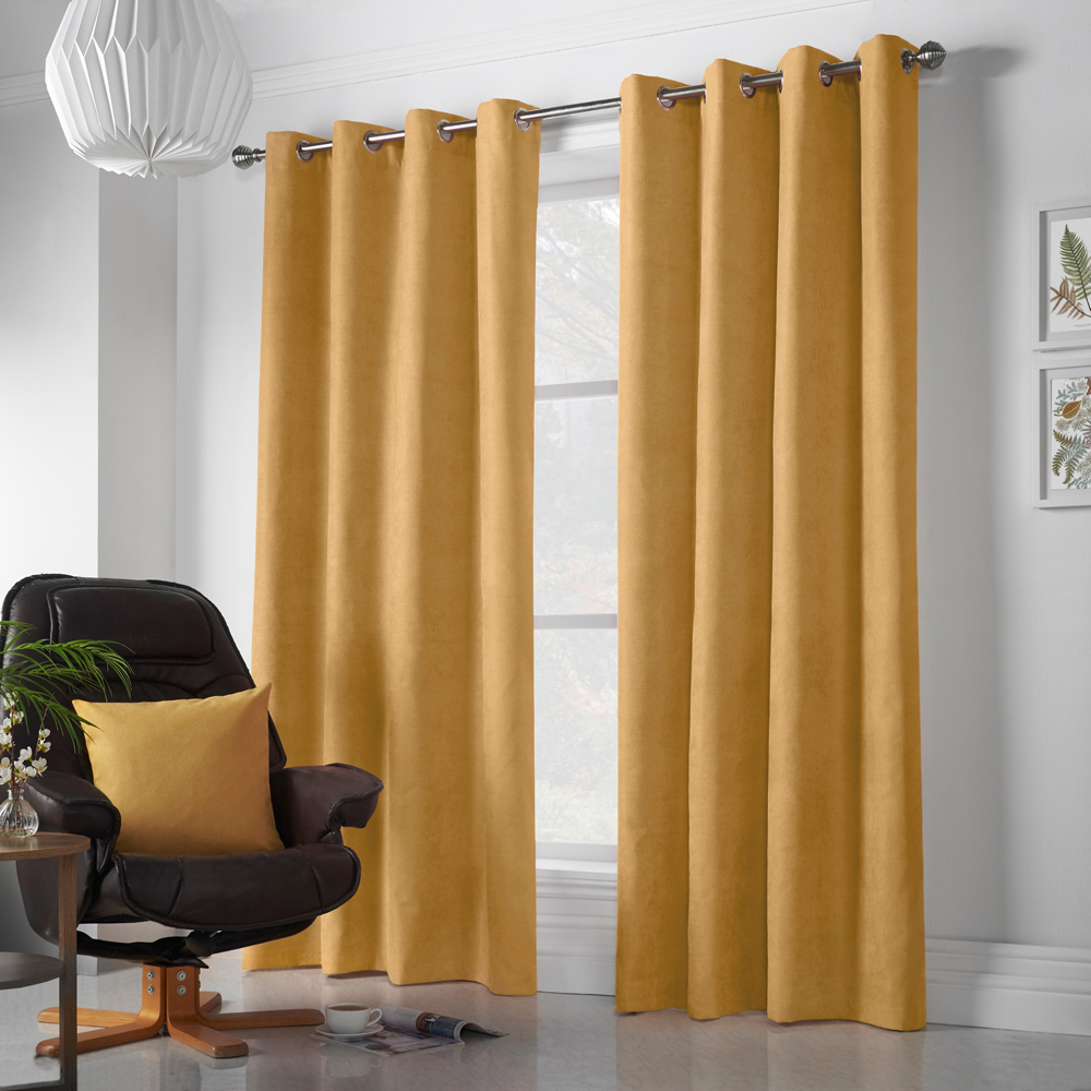 Alan Symonds Ochre Velvet Chenille Ring Top Eyelet Curtains 142 x 137cm Image 4