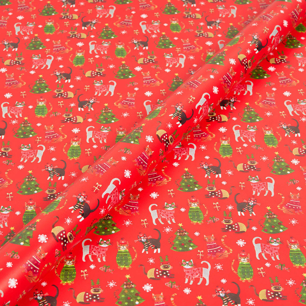 Feline Festive Wrapping Paper Red Image 4