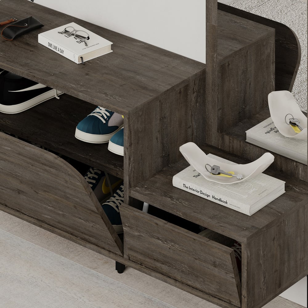 Decortie Mila 2 Door Dark Coffee Shoe Cabinet with Mirror and Coat Stand Image 3