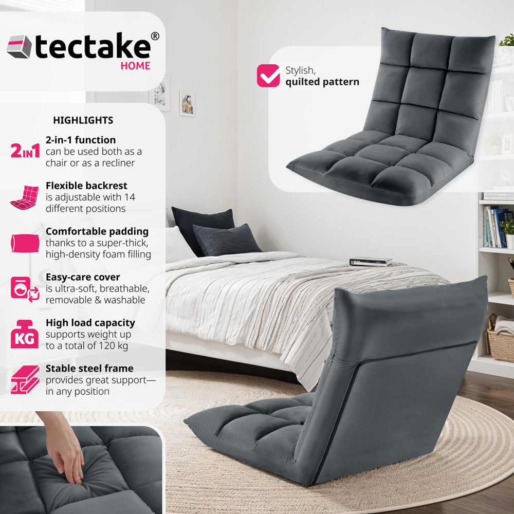 tectake Snooze 2 in 1 Grey Recliner Armchair and Lounger Image 8