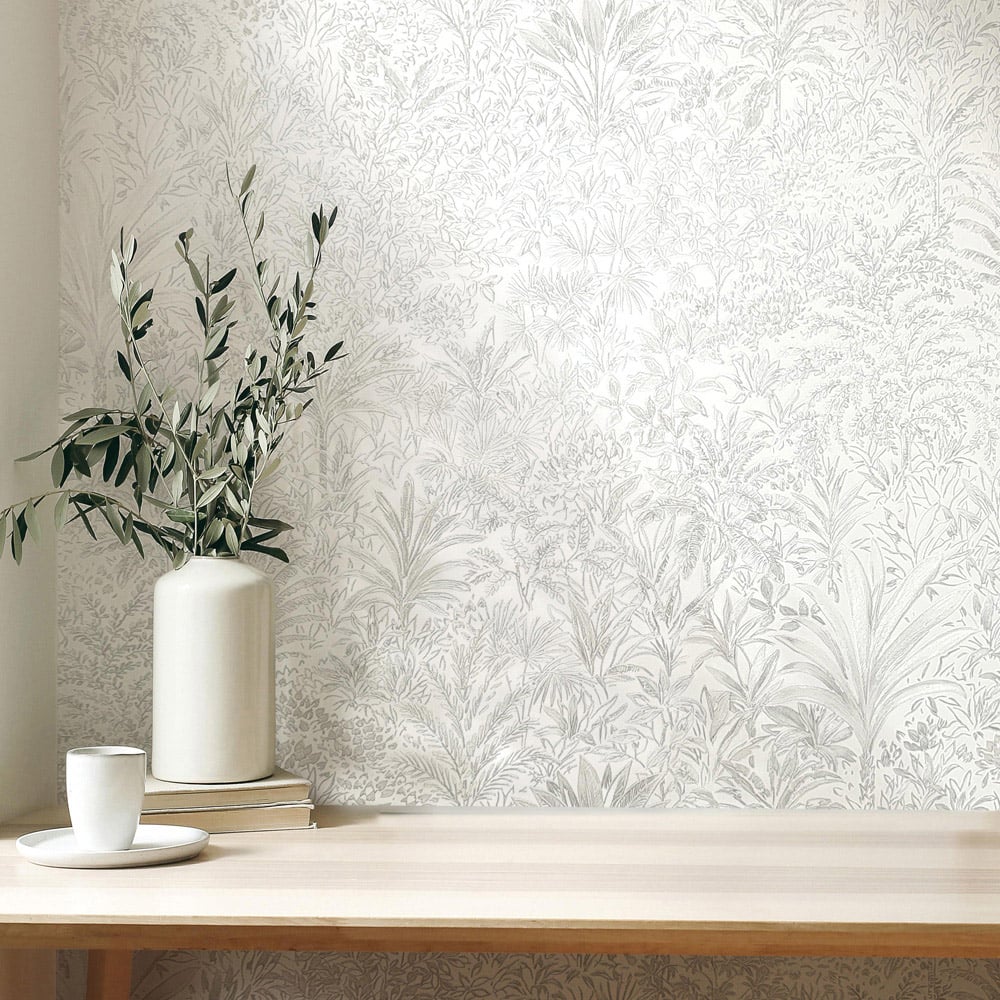 Vymura Capri Palm Landscape White and Silver Vinyl Wallpaper Image 3