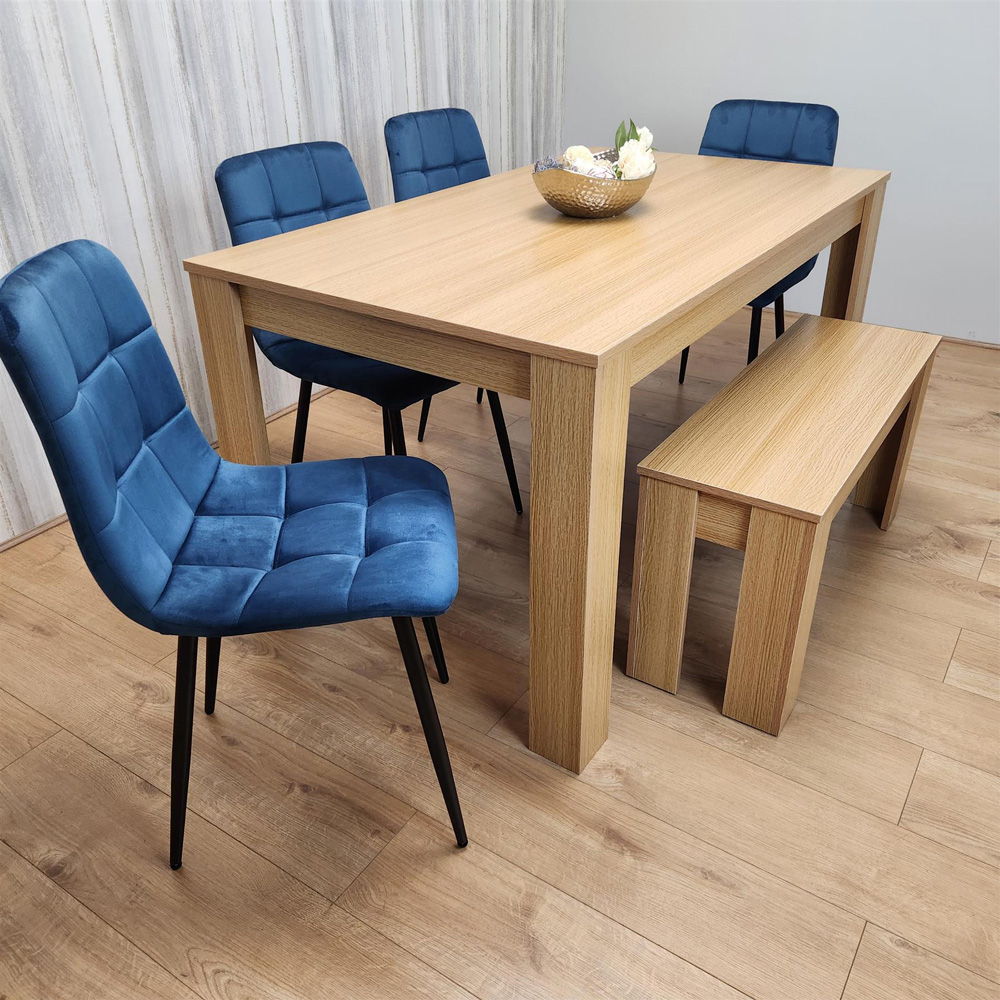 Portland 6 Seater Velvet Dining Bench Set Oak Effect and Blue Image 2