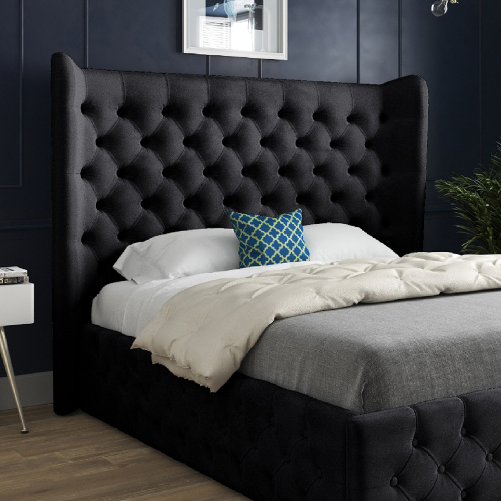 Florence Black Double Velvet Upholstered Bed Frame with Wide Winged Chesterfield Headboard Image 3