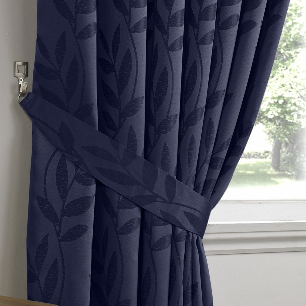 Alan Symonds Dupion Navy Blue Leaf Jacquard Ring Top Eyelet Curtains 229 x 183cm Image 3