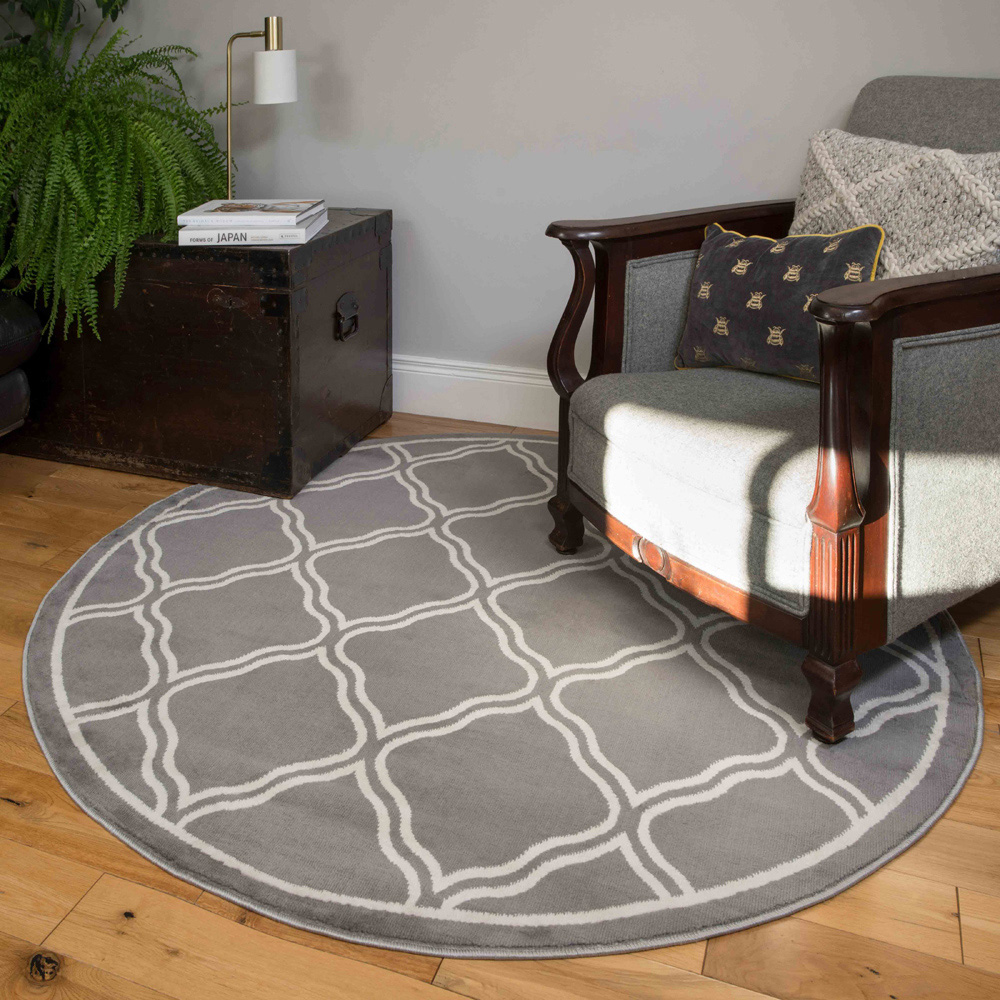 Kukoon Grey Bordered Geometric Trellis Rug 120cm Image 2