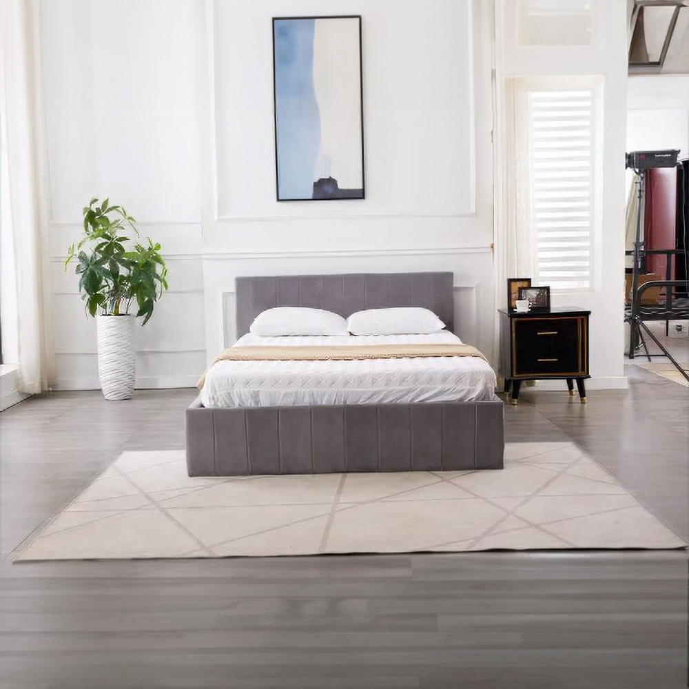 Portland Double Grey Line Pattern Velvet Ottoman Bed Image 6