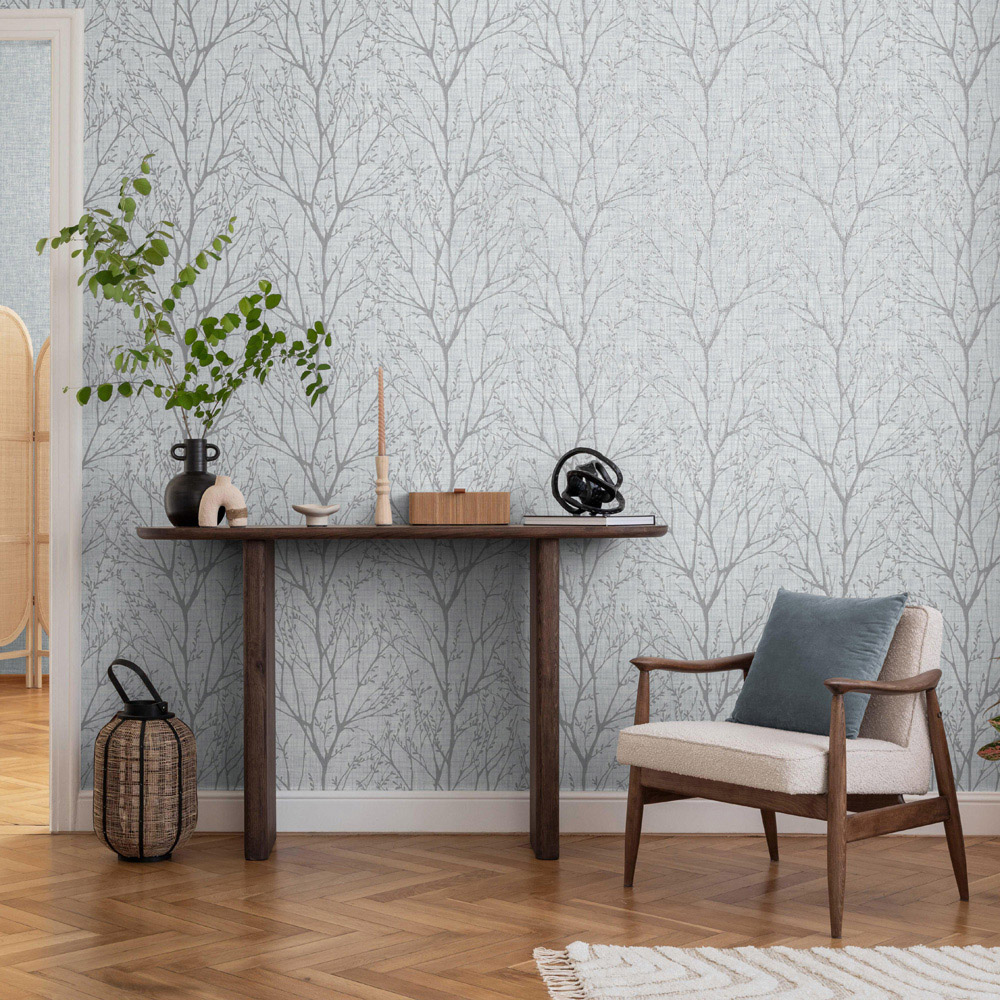 Crown Lynford Trees Fabric Effect Blue Wallpaper Image 4