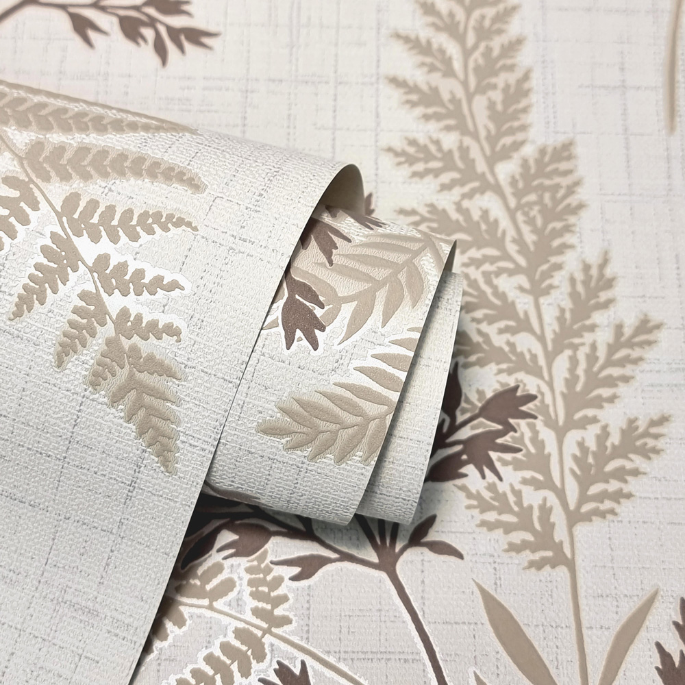 Fine Décor Fern Textured Linen Fabric Effect Mocha Wallpaper Image 2