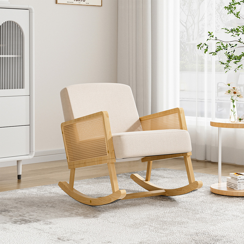 Living and Home Cream Linen Wooden Rocking Chair Image 7