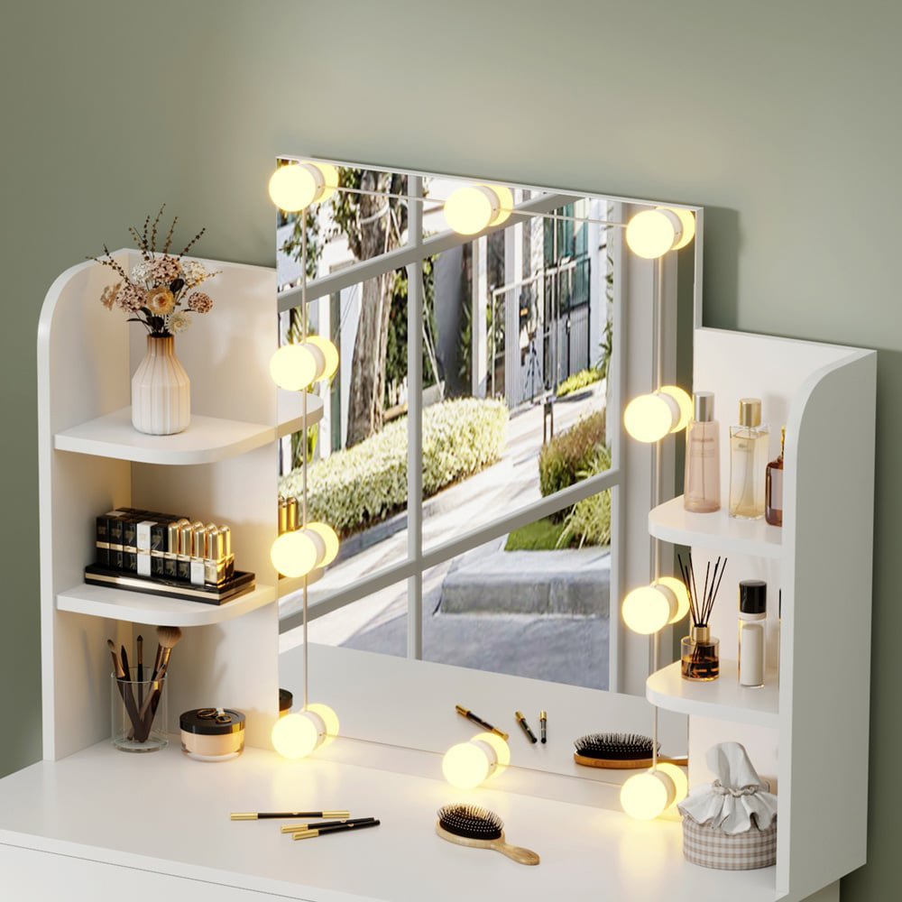 FurnitureHMD Single Drawer 4 Shelf White Wooden Dressing Table with LED Mirror Image 3