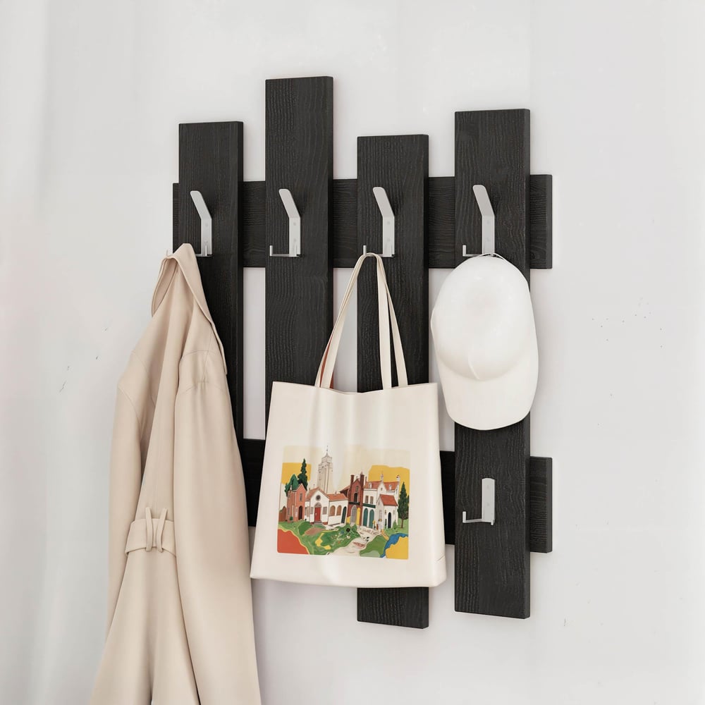 Decortie Wave Black Wooden Wall Hanger with 8 Hooks Image 4