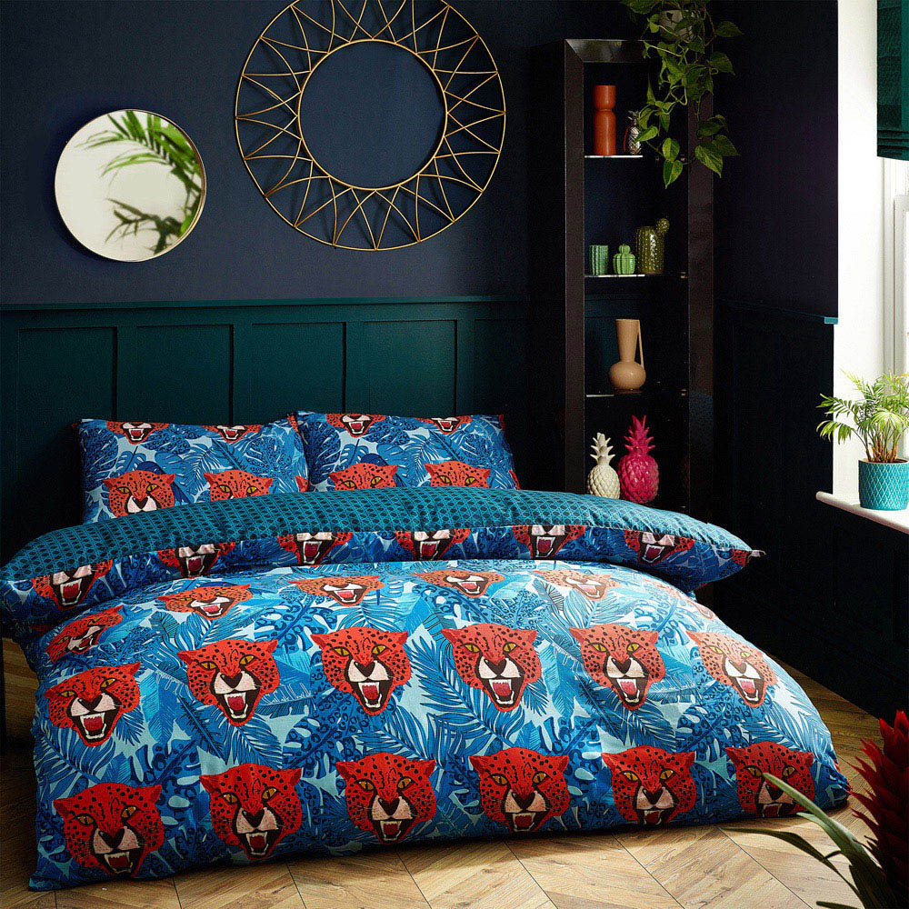 furn. Untamed Super King Size Blue Cheetah Botanical Duvet Cover Set Image 6
