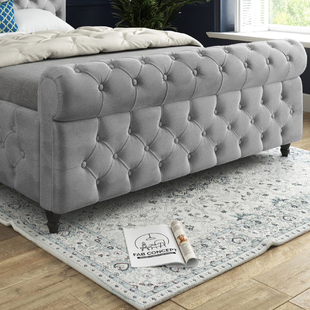 Savana Single Grey Soft Velvet Upholstered Sleigh Bed Frame with Scrolled Headboard Image 4