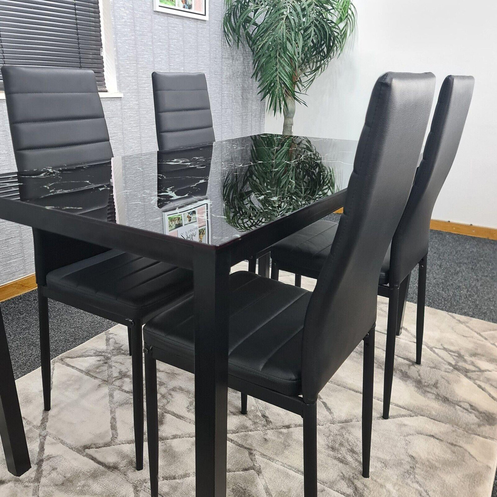 Portland 4 Seater Faux Leather Marble Effect Tabletop Dining Set Black Image 2