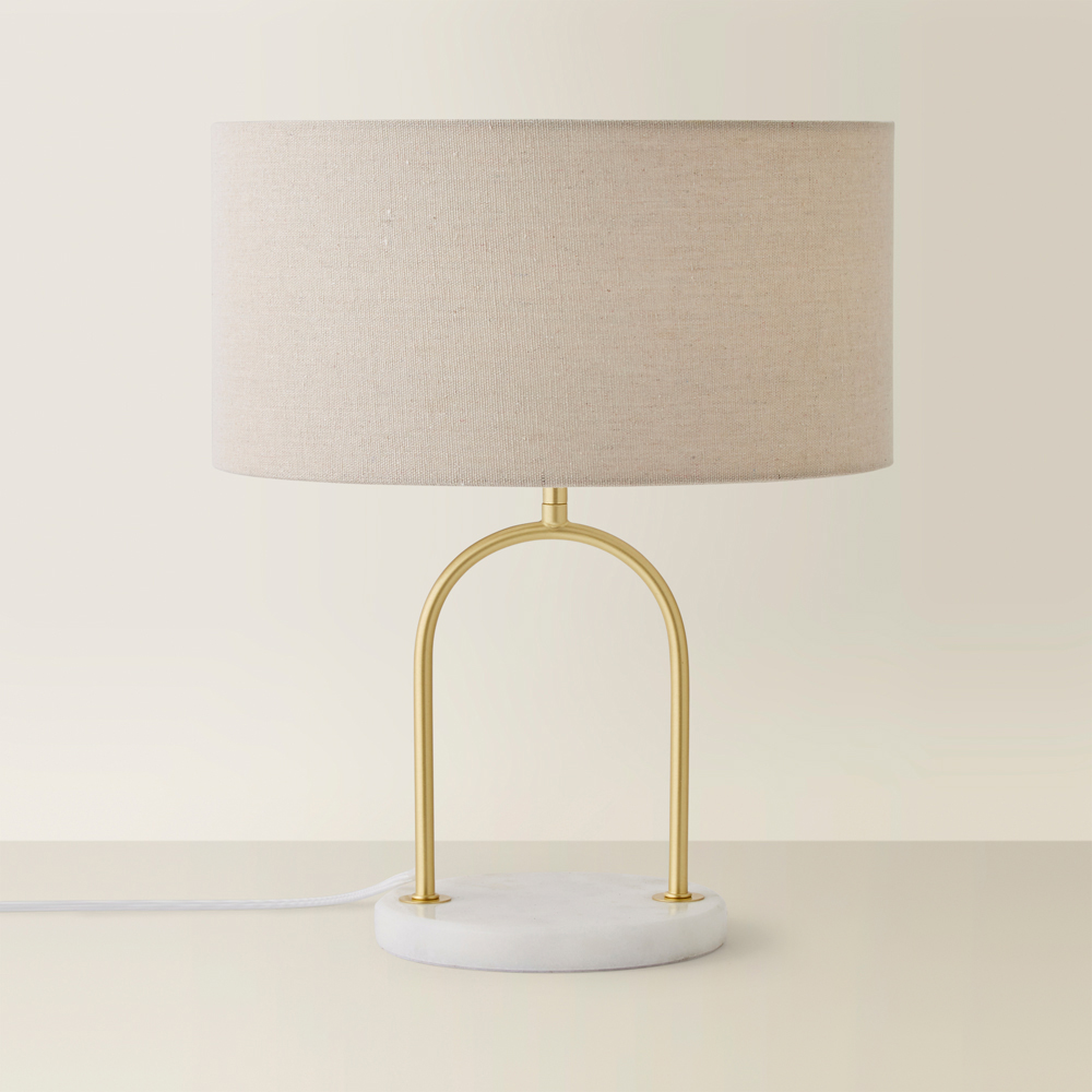 ValueLights Rachel Natural Lamp Shade Brushed Gold Arch Marble Base LED Table Lamp Image 5