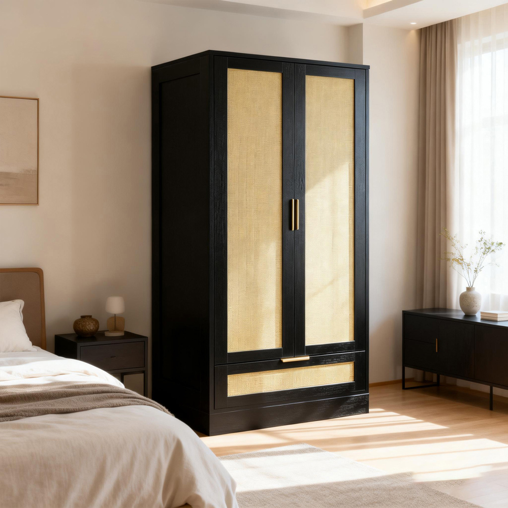 Langham 2 Door Single Drawer Black Rattan Fluted Wardrobe Image 6