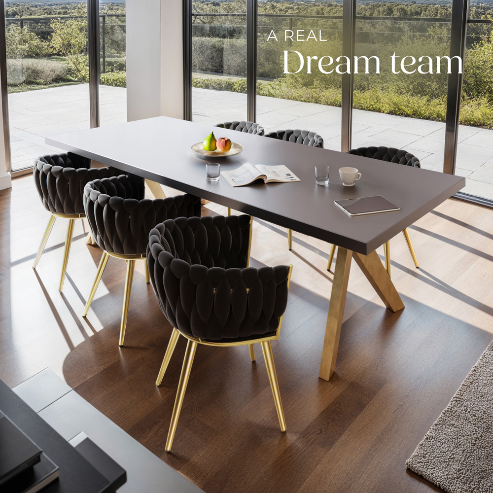 tectake Astano Set of 6 Black and Gold Velvet Padded Knot Design Dining Chair Image 7