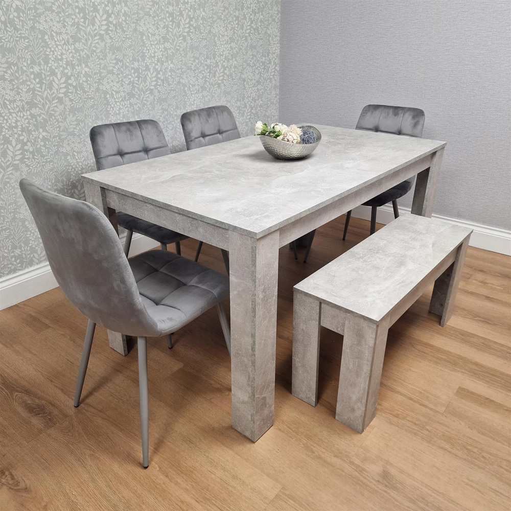 Portland Velvet 6 Seater Dining Set with Bench Stone Grey and Grey Image 1
