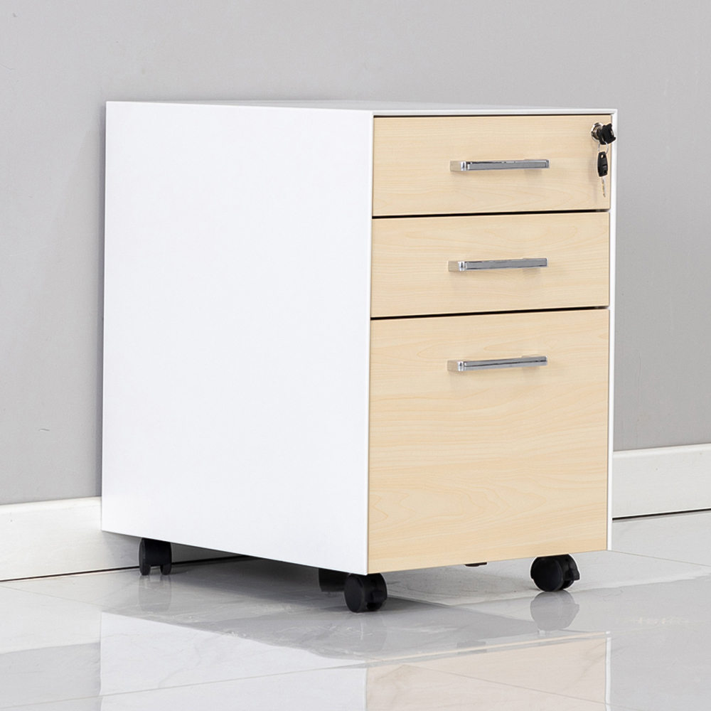MMT Furniture Designs 3 Drawer White and Beech Mobile Pedestal Under Desk Storage Cabinet Image 3