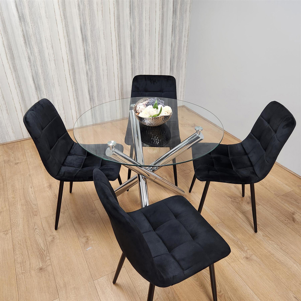 Portland 4 Seater Velvet Clear Glass Round Dining Set Black Image 2