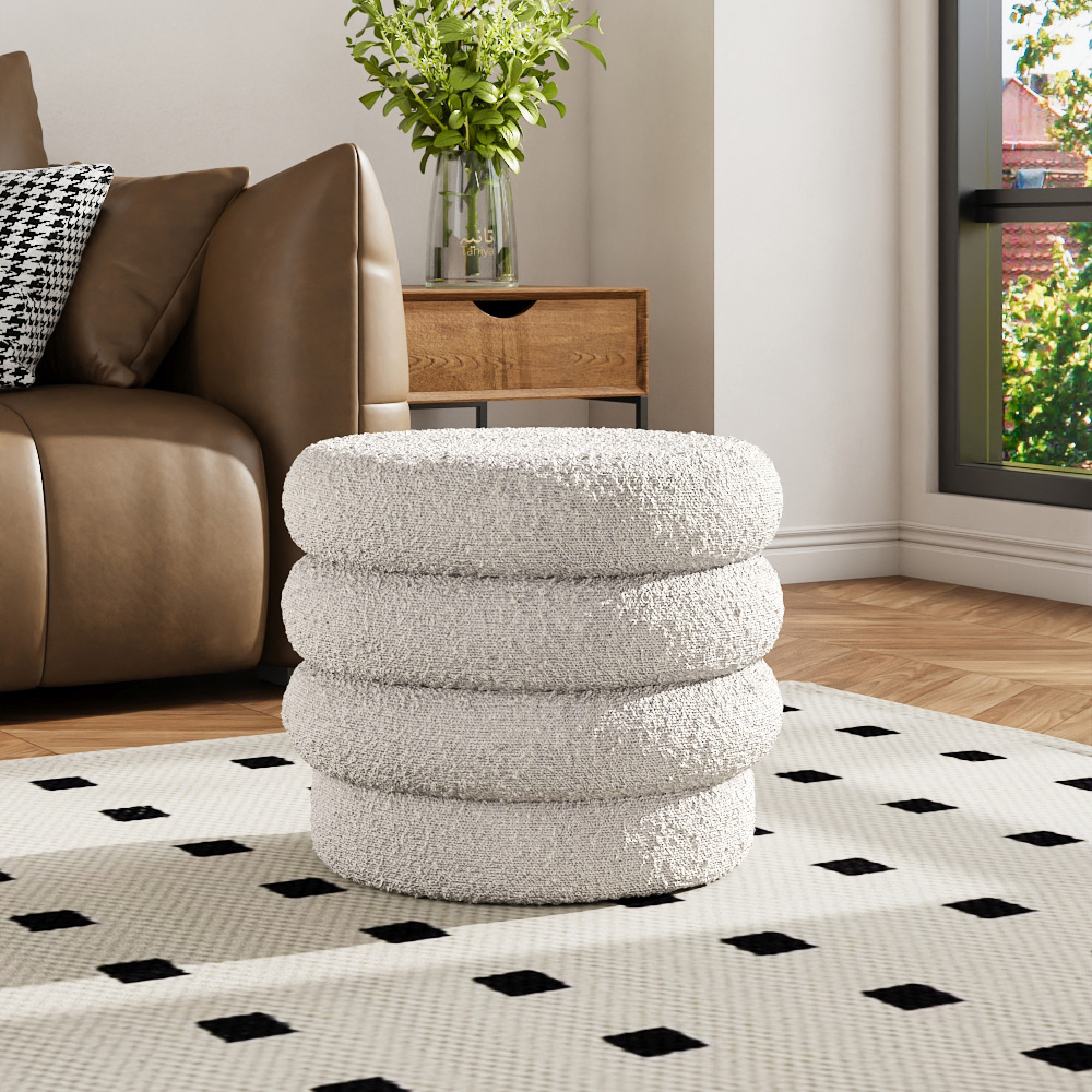Living and Home Cream Boucle Upholstered Round Storage Ottoman Image 8