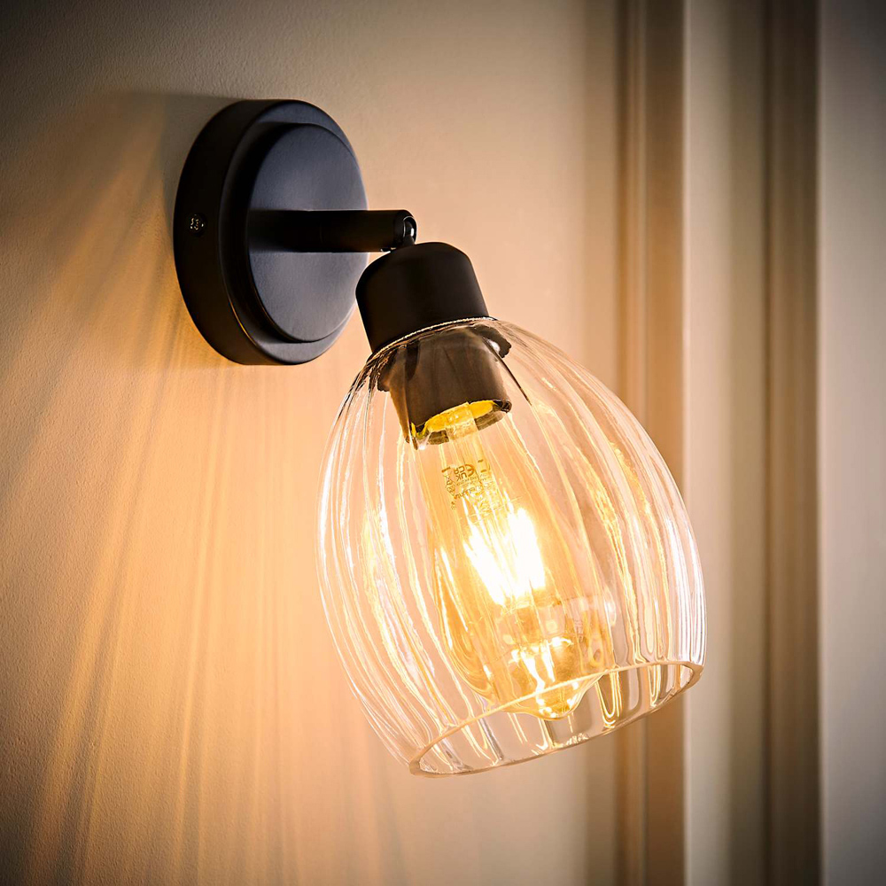 ValueLights Cheltenham Ribbed Shade Matte Black Adjustable Wall Spotlight with Bulb Image 2