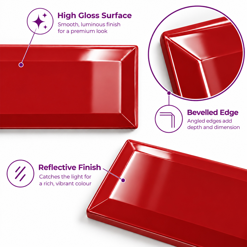 Go Bathrooms Metro Glossy Red Ceramic Wall Tile 100 x 200mm 50 Pack Image 4