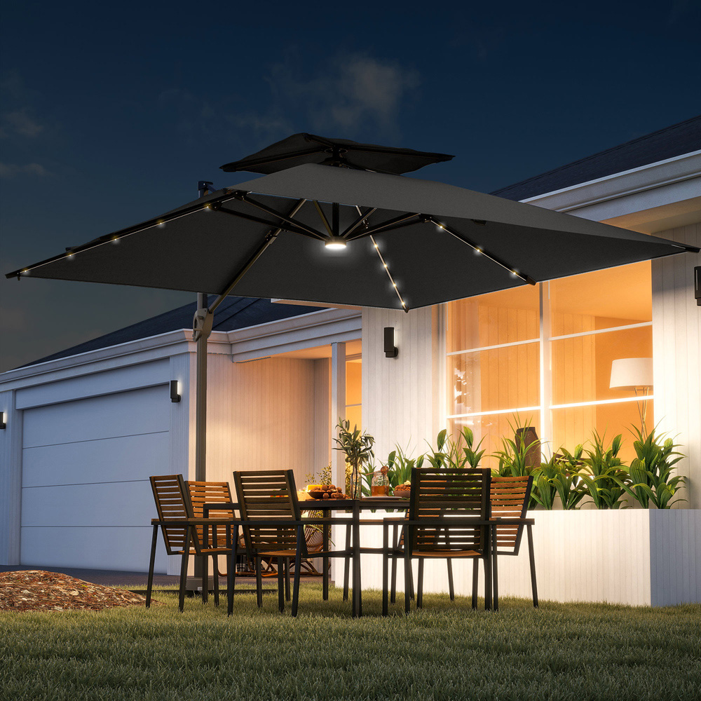 Outsunny 2 Tier Grey Aluminium Solar LED Crank and Tilt Cantilever Parasol 3.5m Image 2