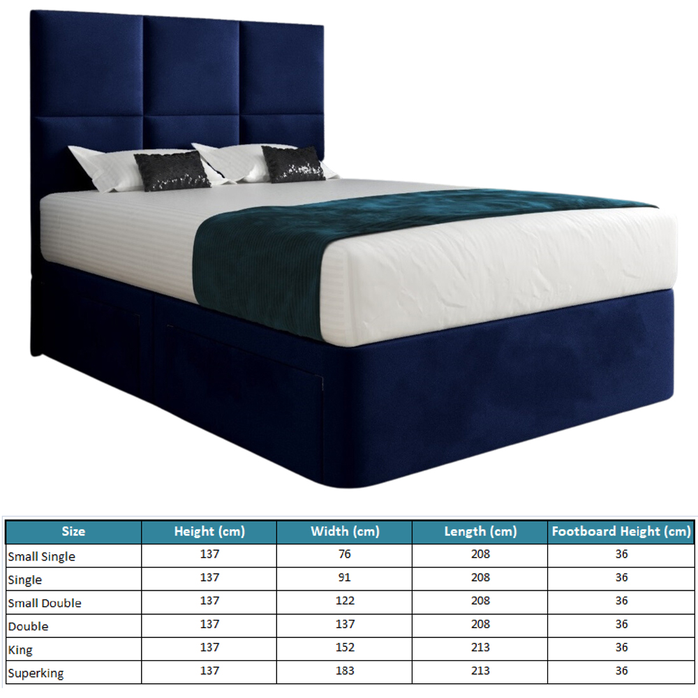 Caprio Blue Super King Size Upholstered Divan Bed Frame with Floorstanding Cube Headboard Image 7