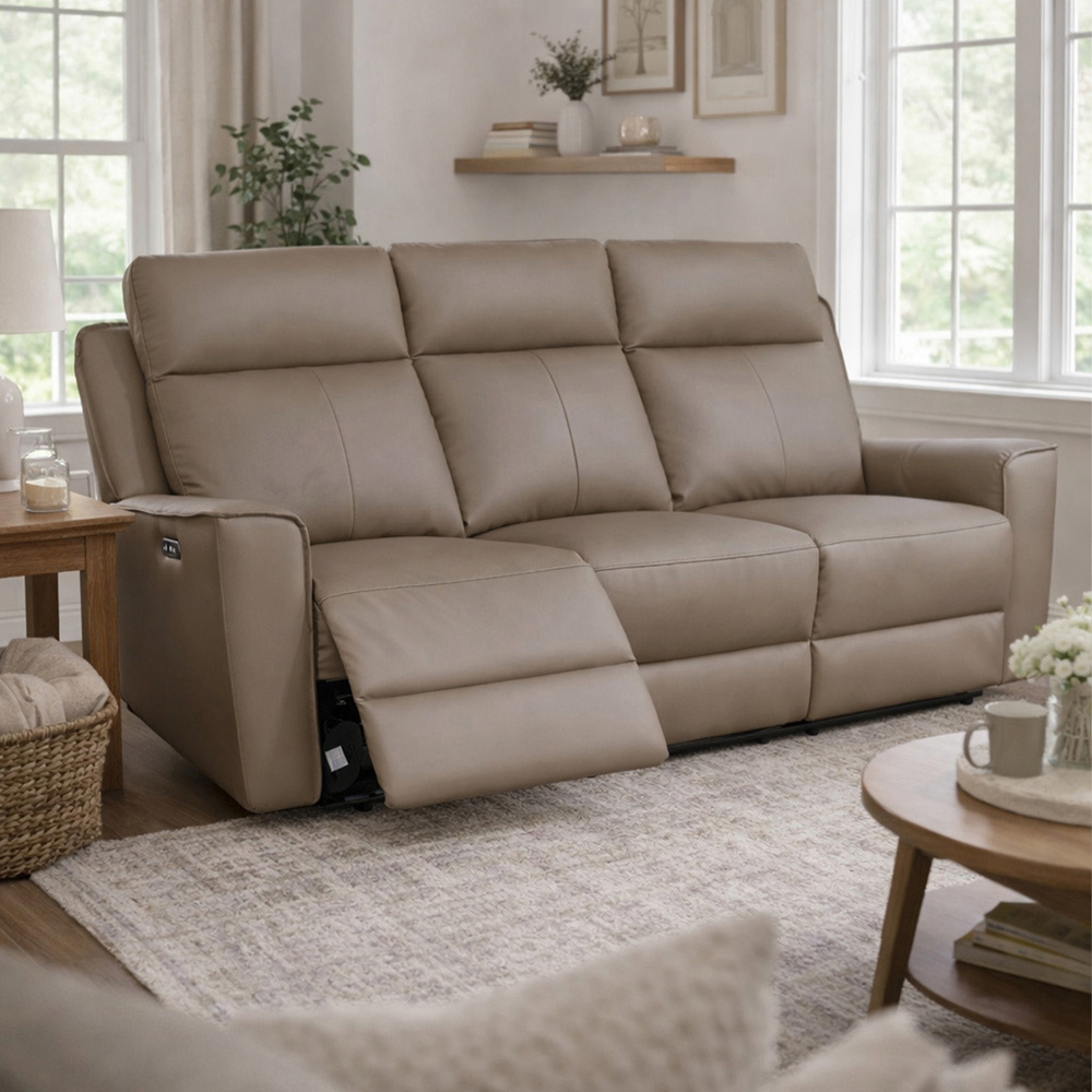 Aspire Elmhurst Mushroom Leather 3 Seater Power Recliner Sofa Image 7