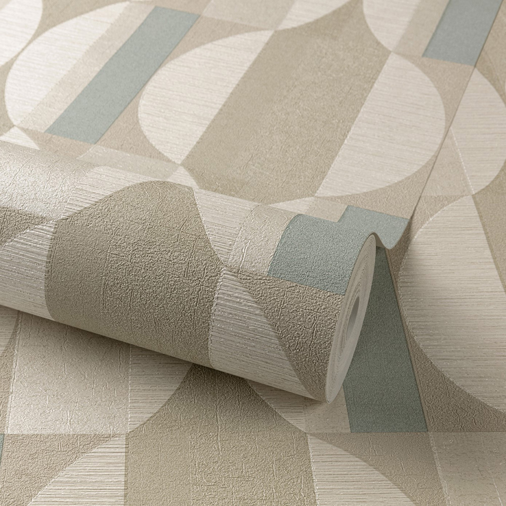 Grandeco Cumaru Boutique Fuma Retro Geometric Embossed Blue and Beige Wallpaper Image 2