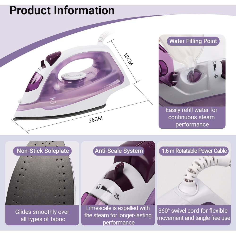 ExtraStar Purple Non Stick Soleplate Steam Iron 2000W Image 6